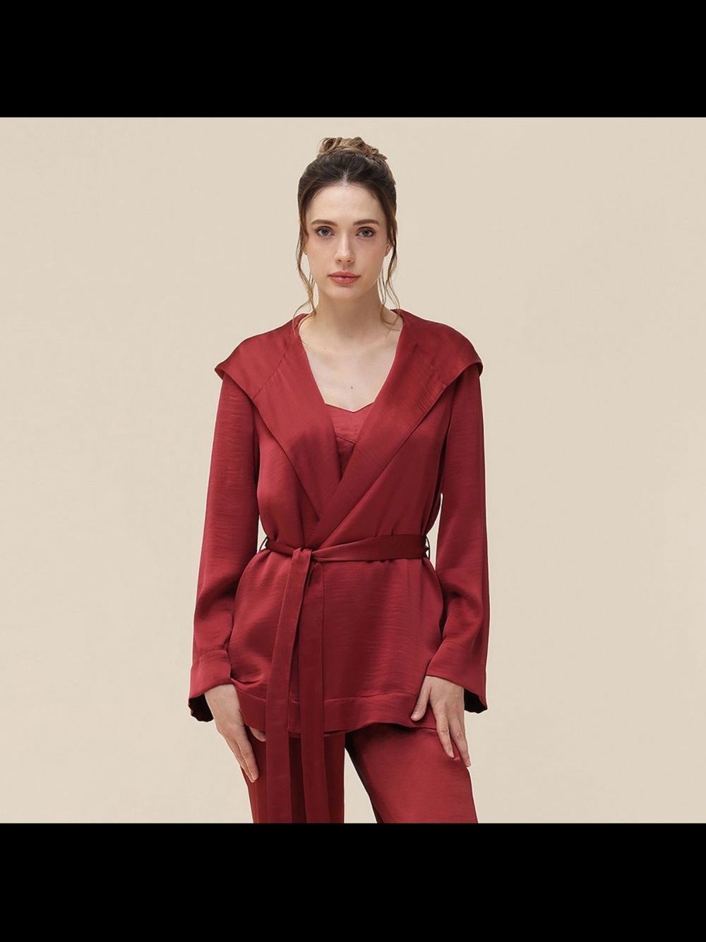 Adyson Parker 3 Piece Satin Lounge Set Hooded Robe Cami Pants Burgundy M/L